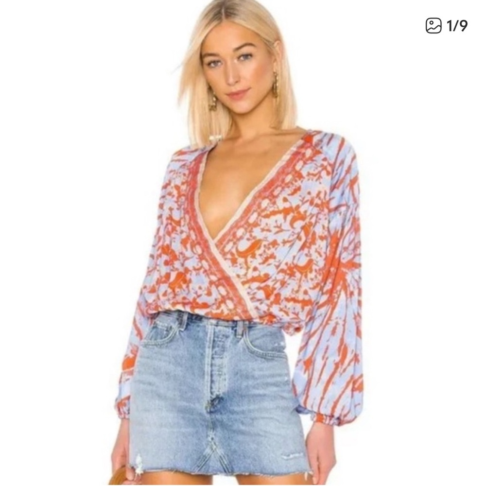 Free People Cruisin Together Blouse Red Combo Flowy Sleeves Cropped Size Small